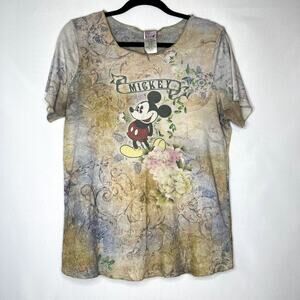 Disney Mickey Mouse Shirt Women's Flower Style Graphic Tee Short Sleeve Size 1XL